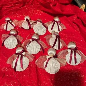 Ten Elegant handcrafted White and Red Shell Angel Ornaments to hang on your tree